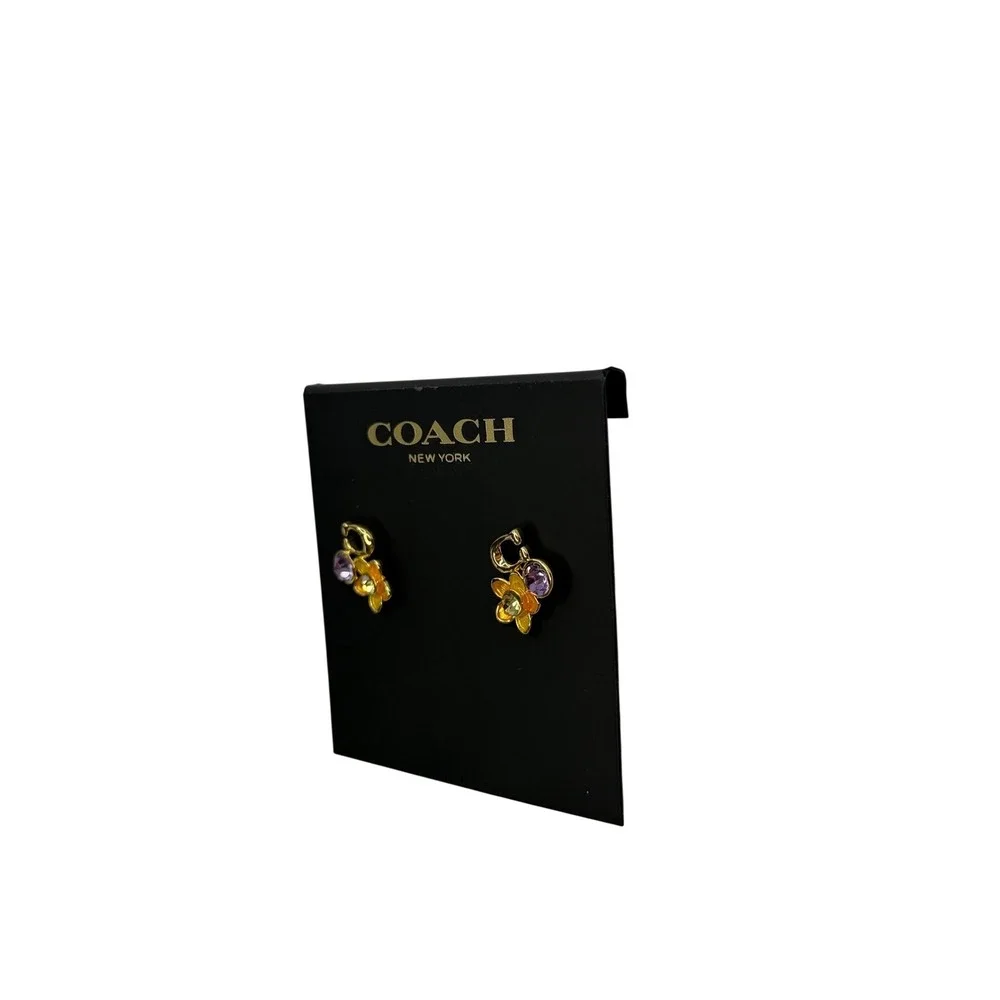 Coach Gold Tone Flower Logo Cluster Stud Earrings Orange Purple NWT Chic Luxury - Picture 3 of 5